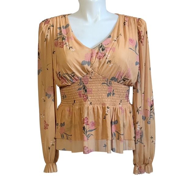 DR2 Tops - NEW DR2 Womens Floral Mesh Smocked Peplum Top Long Sleeve V-Neck Blouse Large